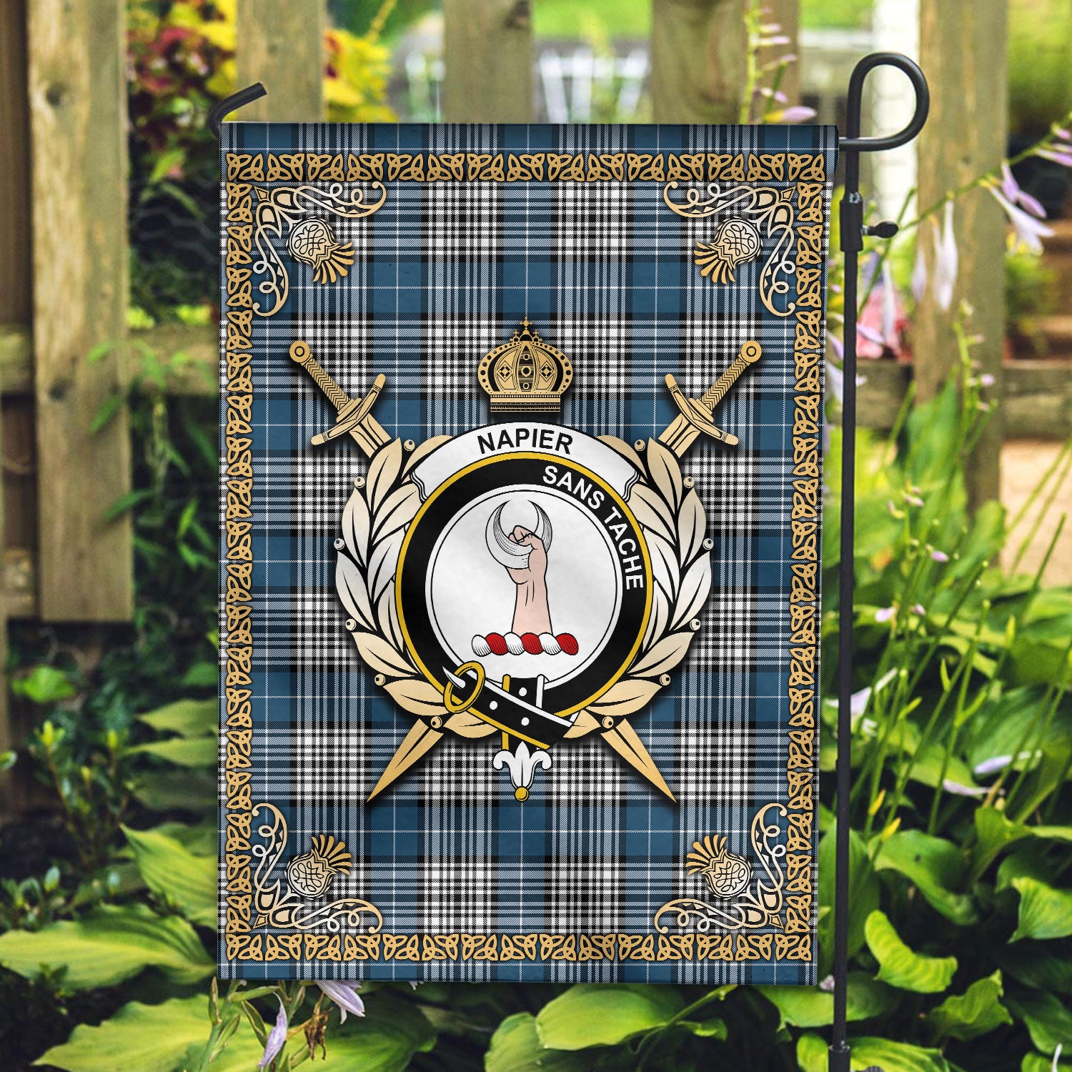 Napier Modern Tartan Crest Garden Flag - Celtic Thistle Style