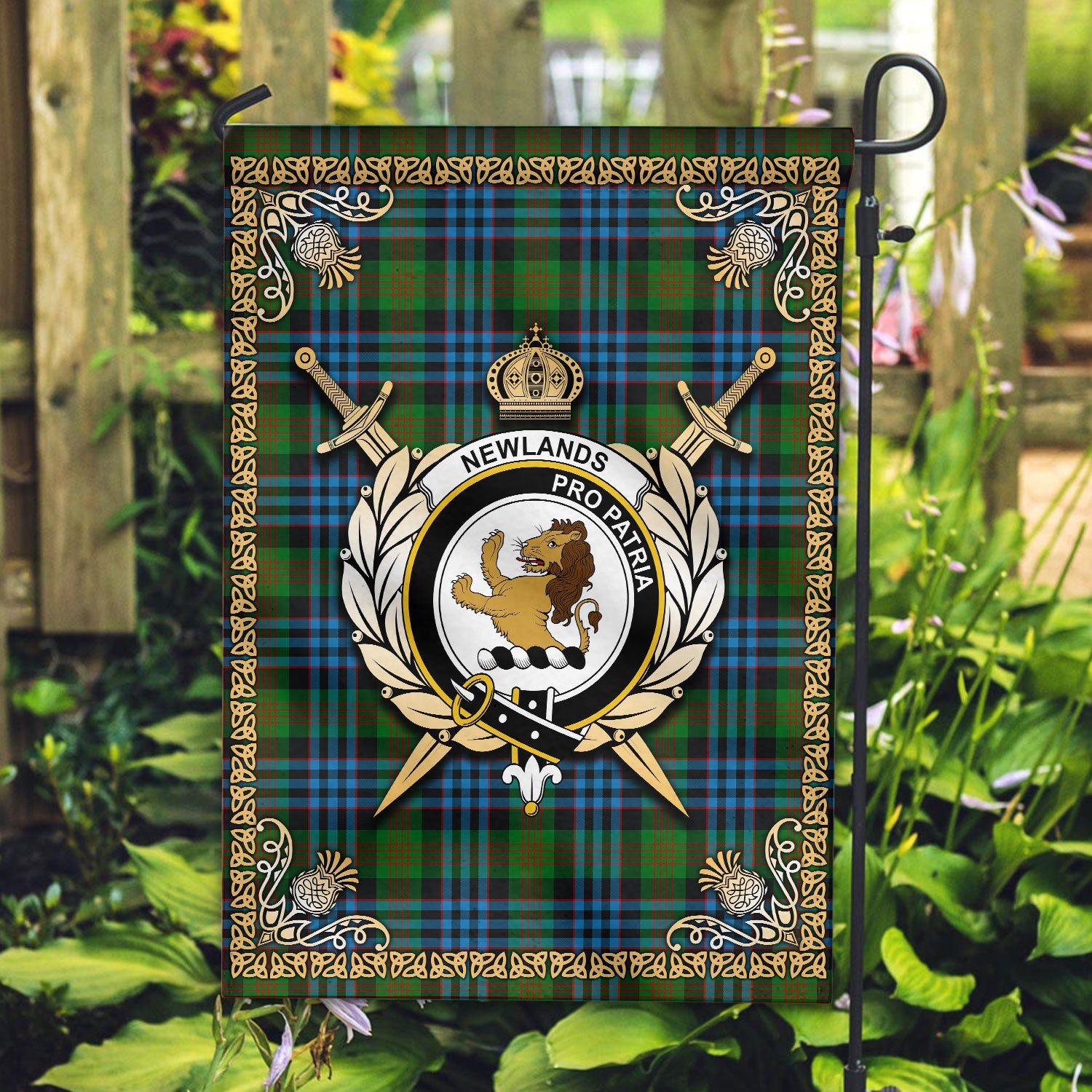 Newlands Tartan Crest Garden Flag - Celtic Thistle Style