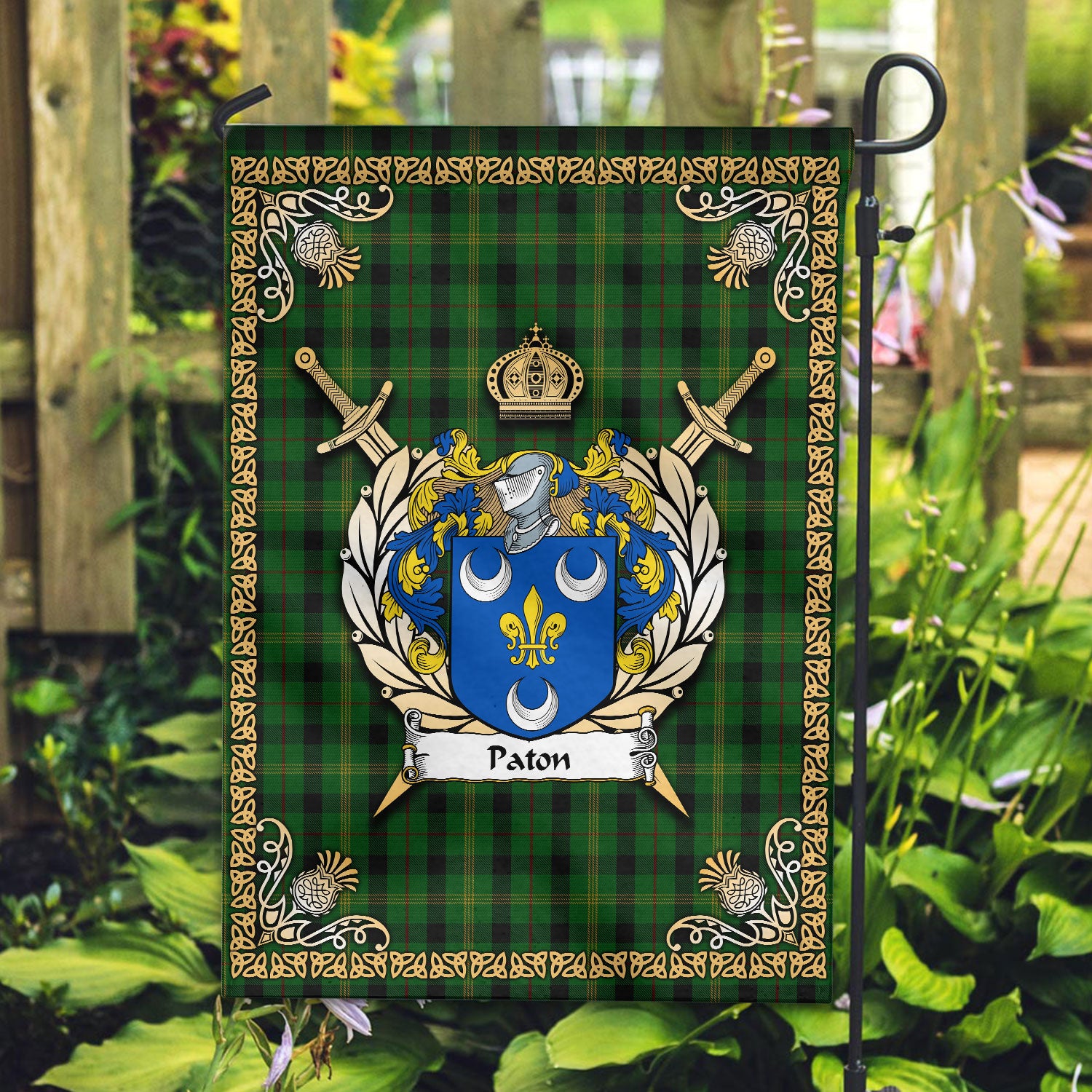 Paton Tartan Crest Garden Flag - Celtic Thistle Style