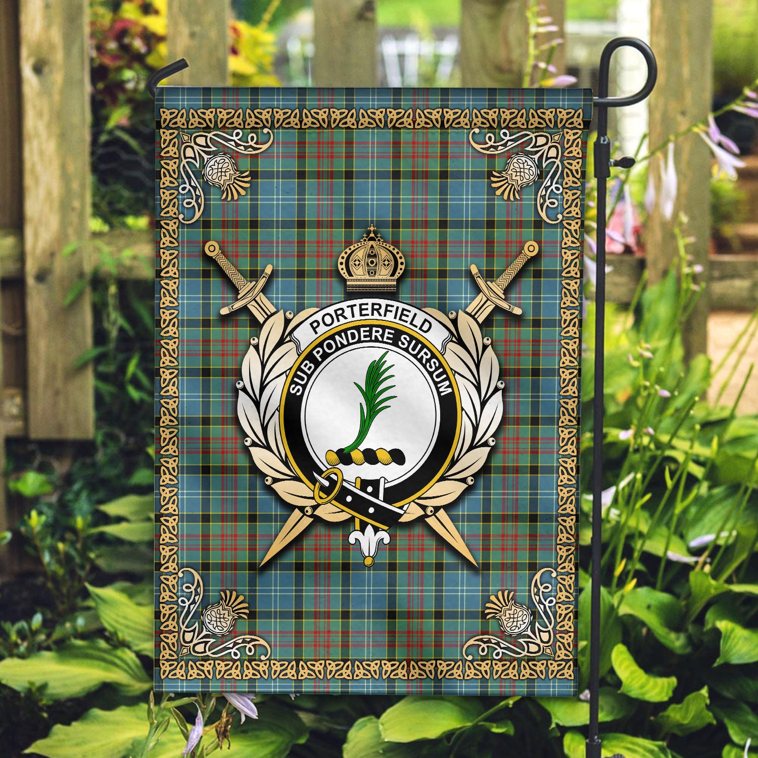 Porterfield Tartan Crest Garden Flag - Celtic Thistle Style