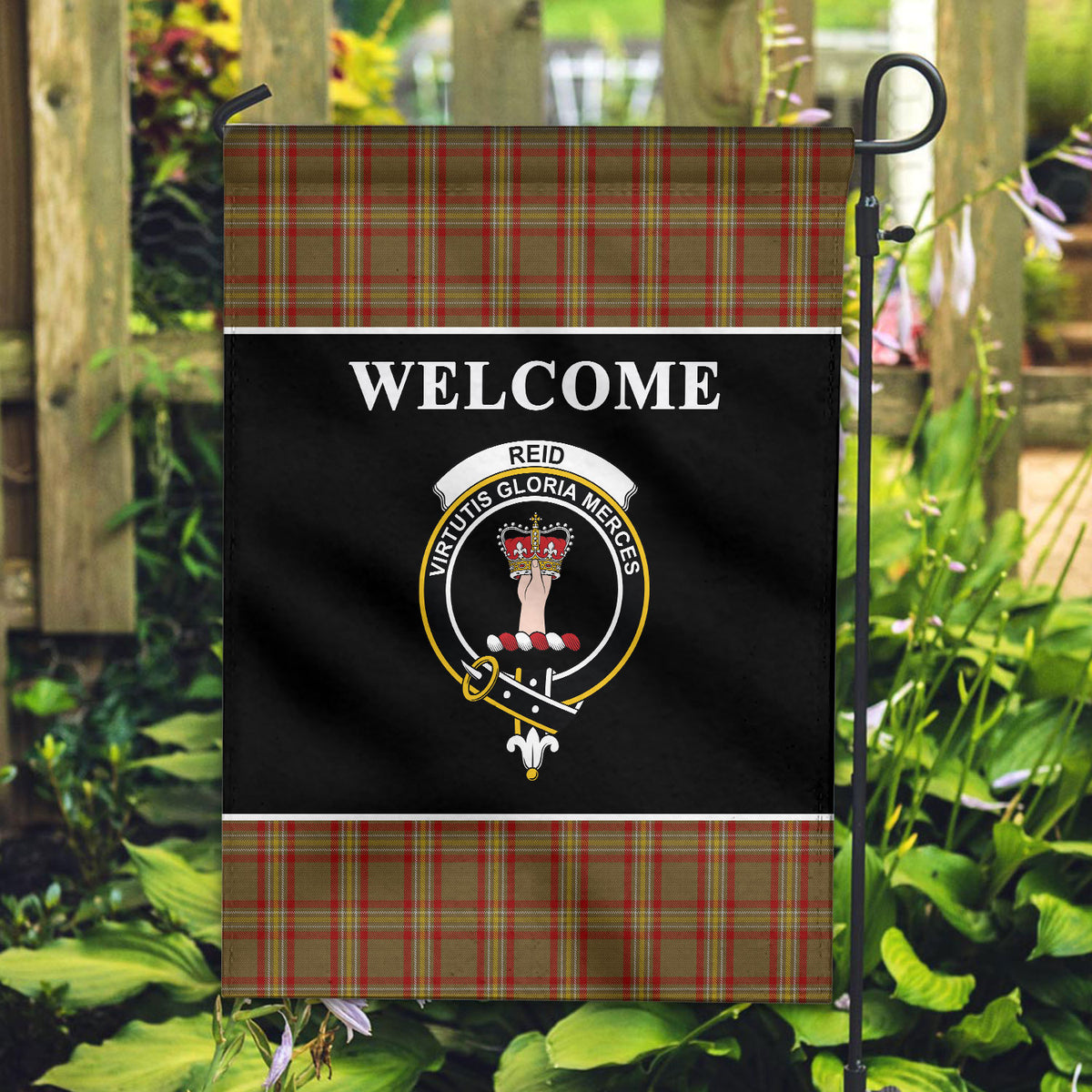 Reid Tartan Crest Black Garden Flag