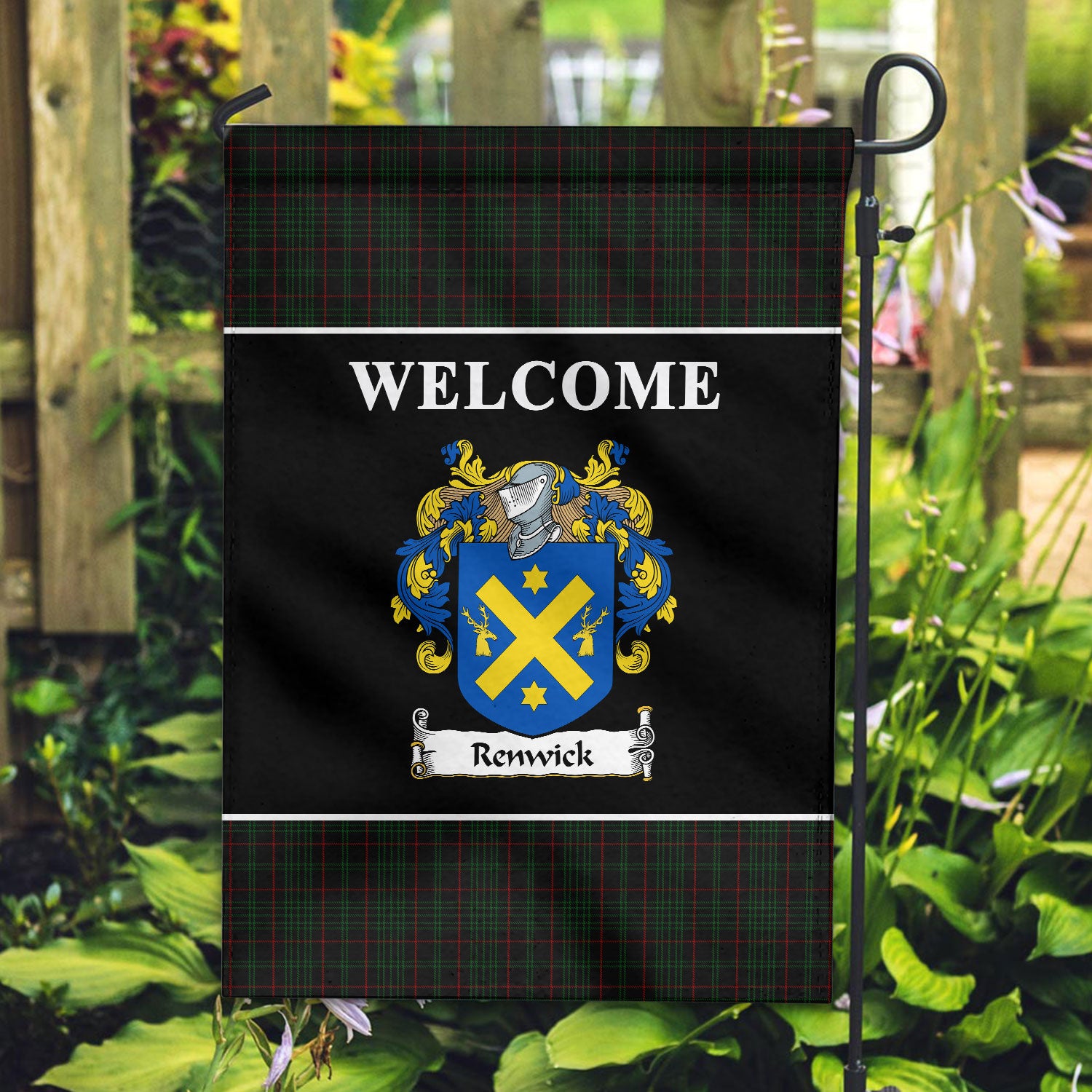 Renwick Tartan Crest Black Garden Flag