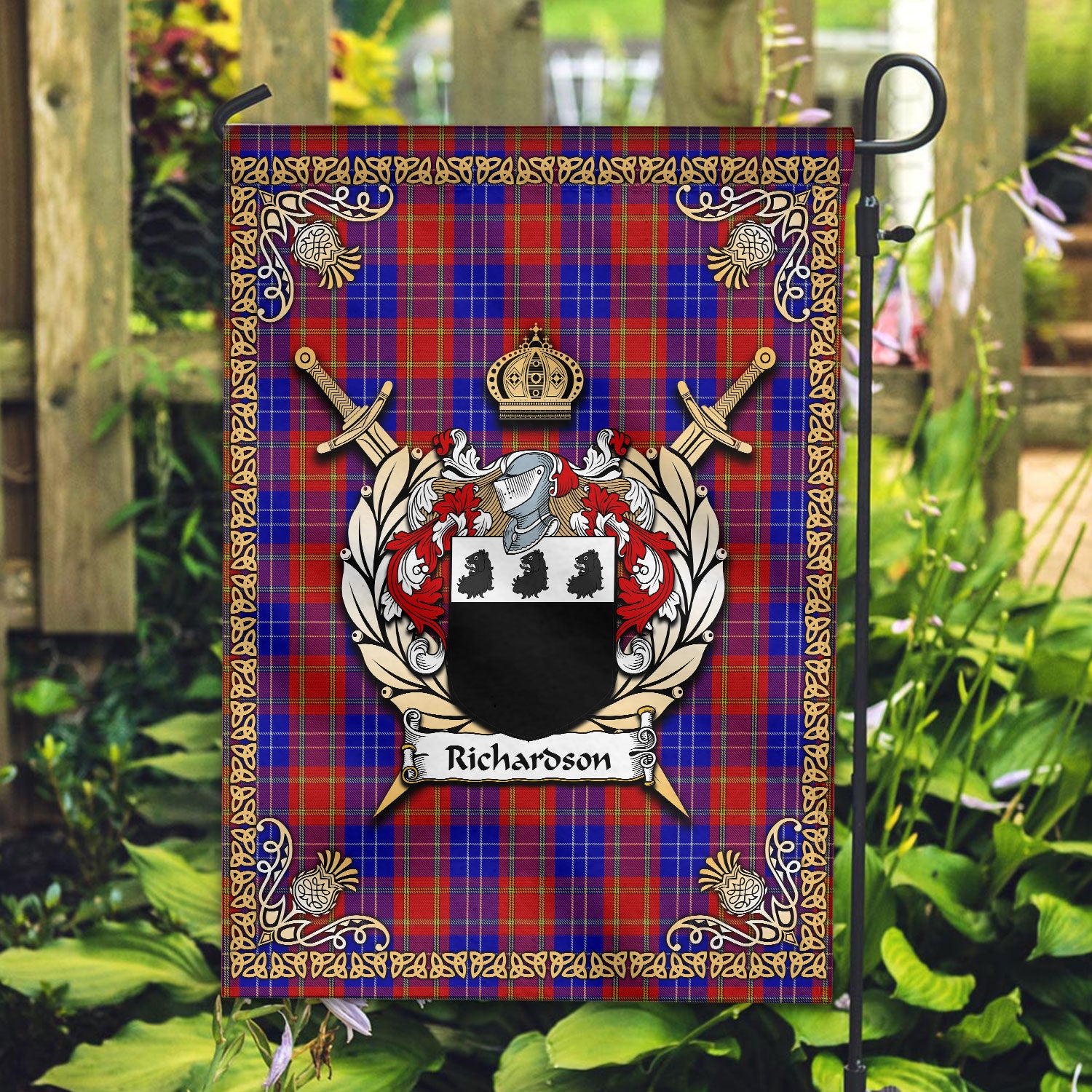 Richardson Tartan Crest Garden Flag - Celtic Thistle Style