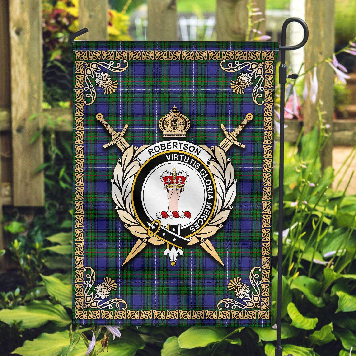 Robertson Hunting Modern Tartan Crest Garden Flag - Celtic Thistle Style