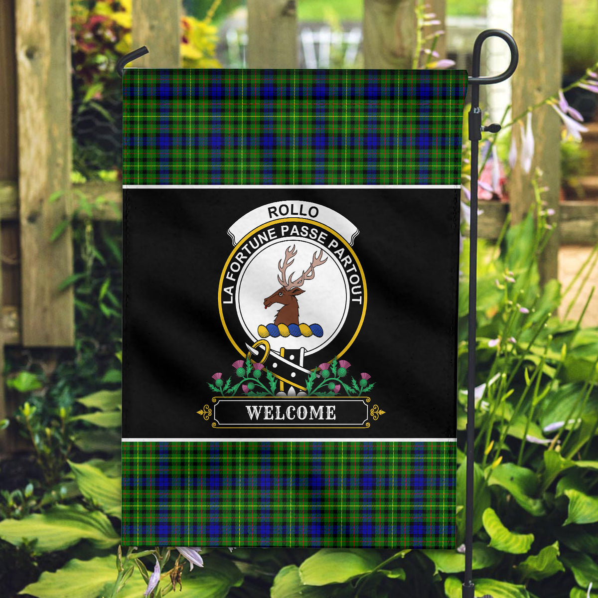 Rollo Modern Tartan Crest Garden Flag - Welcome Style