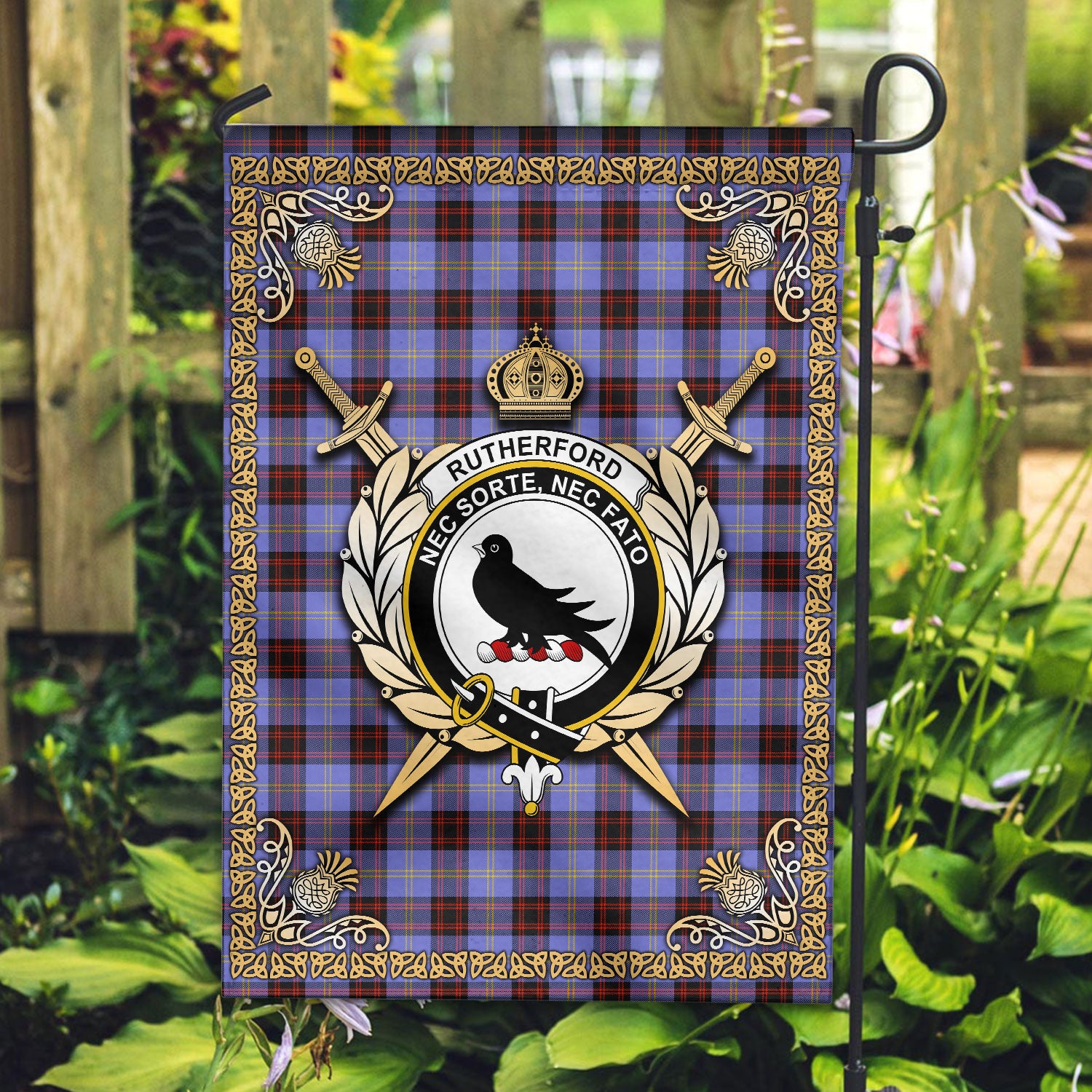 Rutherford Tartan Crest Garden Flag - Celtic Thistle Style