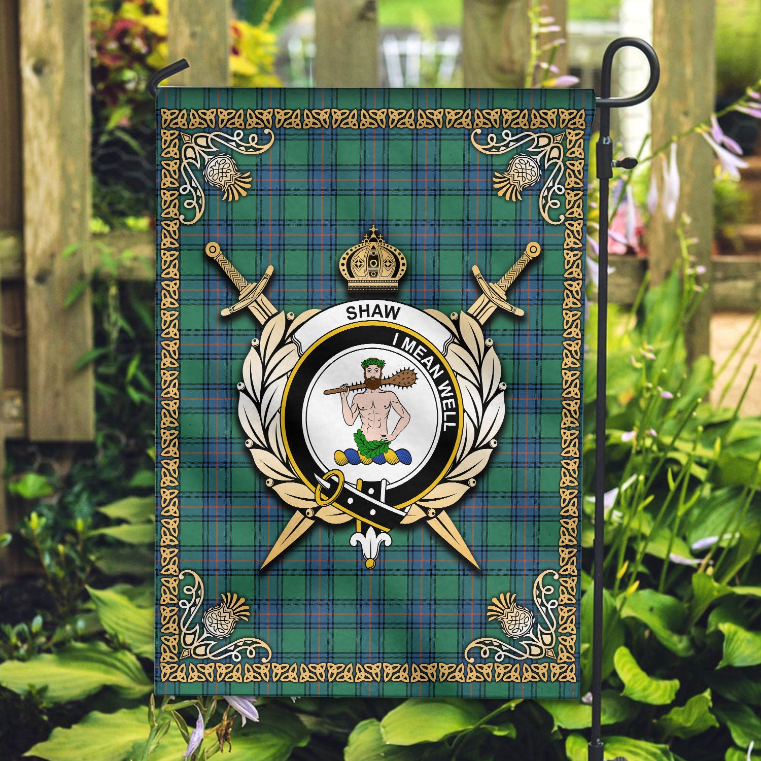 Shaw (of Sauchie) Tartan Crest Garden Flag - Celtic Thistle Style