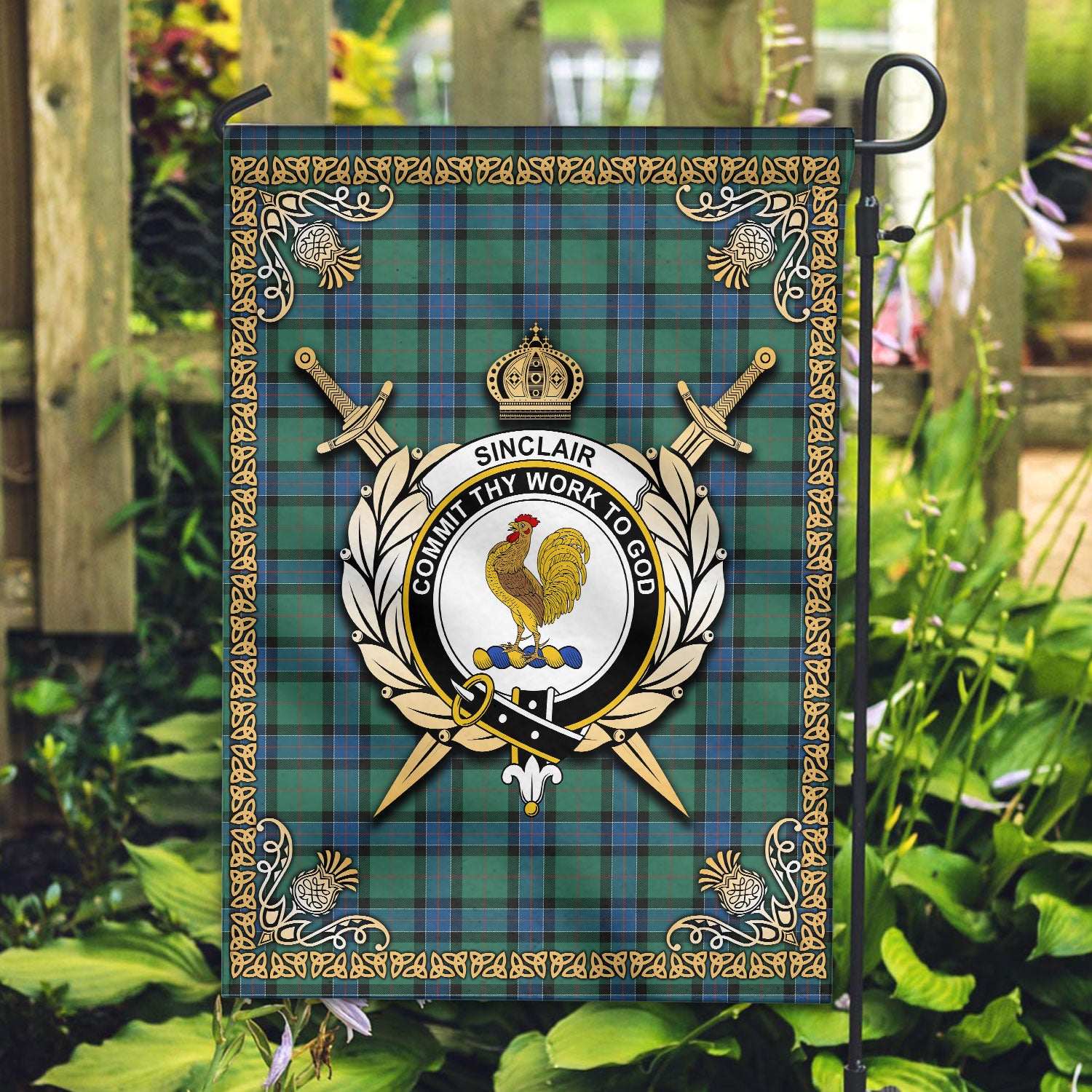 Sinclair Hunting Ancient Tartan Crest Garden Flag - Celtic Thistle Style