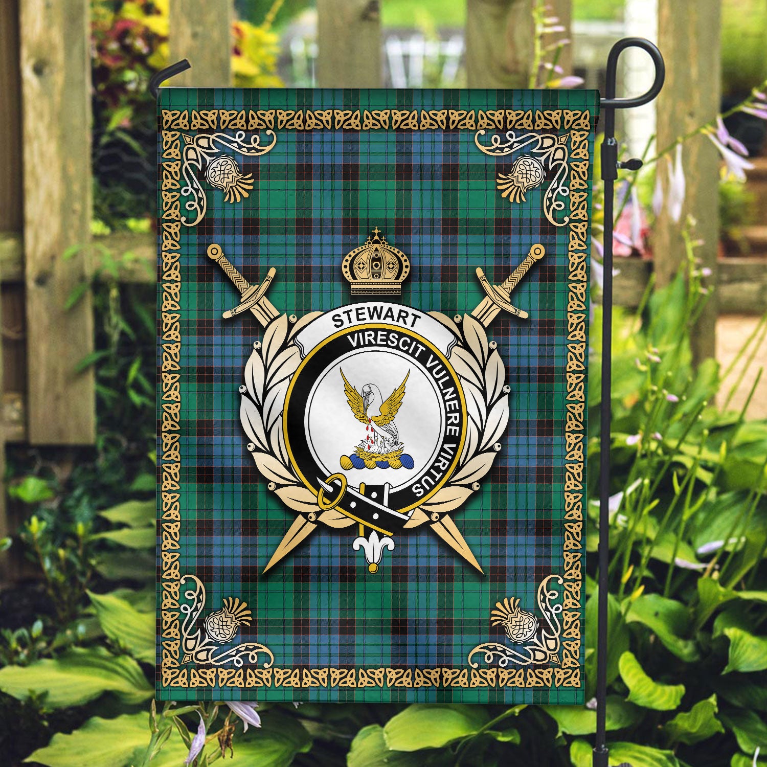 Stewart Old Ancient Tartan Crest Garden Flag - Celtic Thistle Style