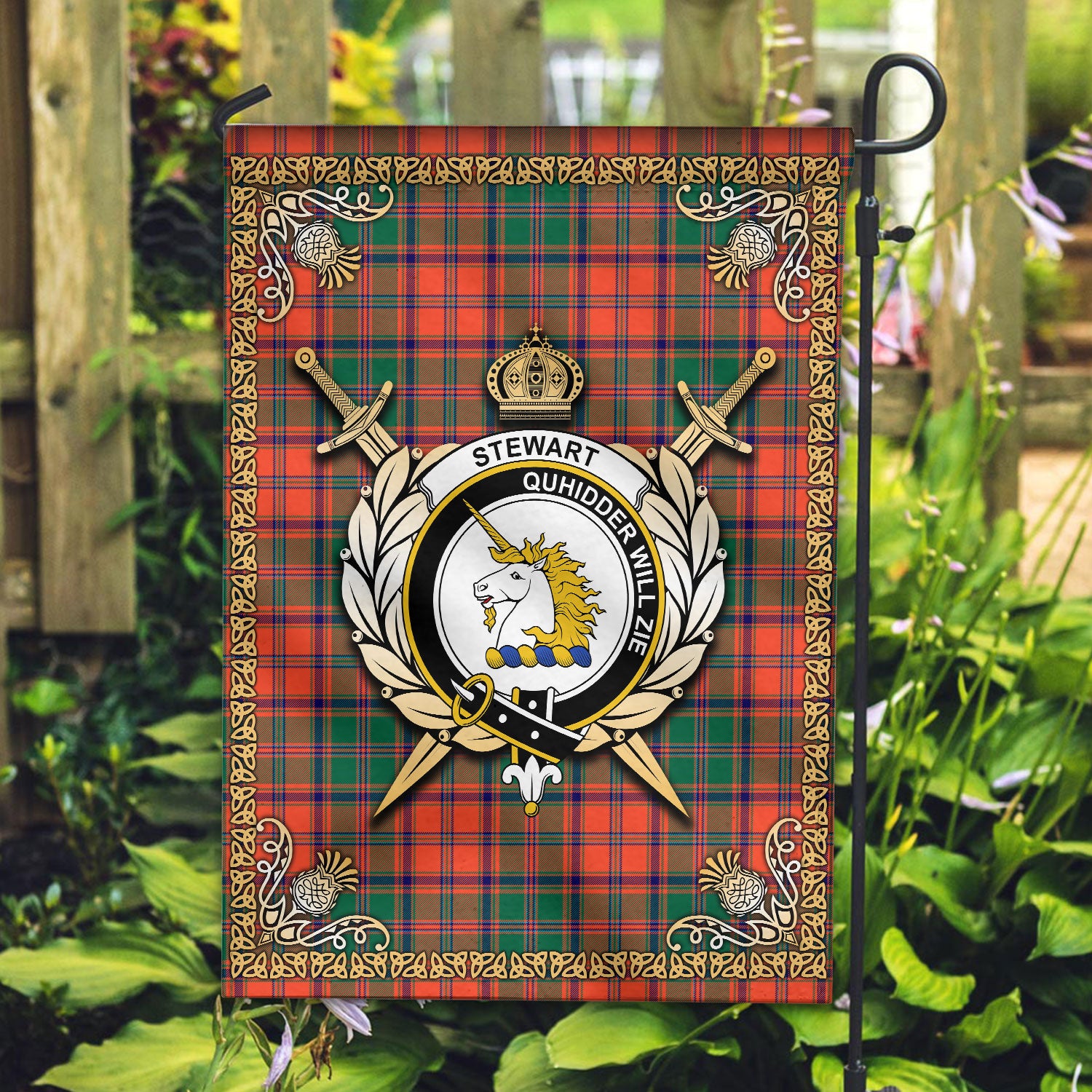 Stewart of Appin Ancient Tartan Crest Garden Flag - Celtic Thistle Style