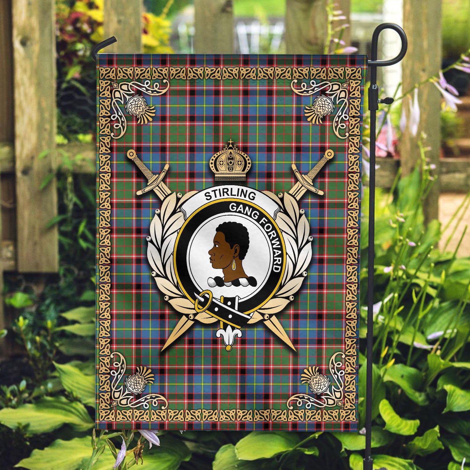 Stirling (of Keir) Tartan Crest Garden Flag - Celtic Thistle Style