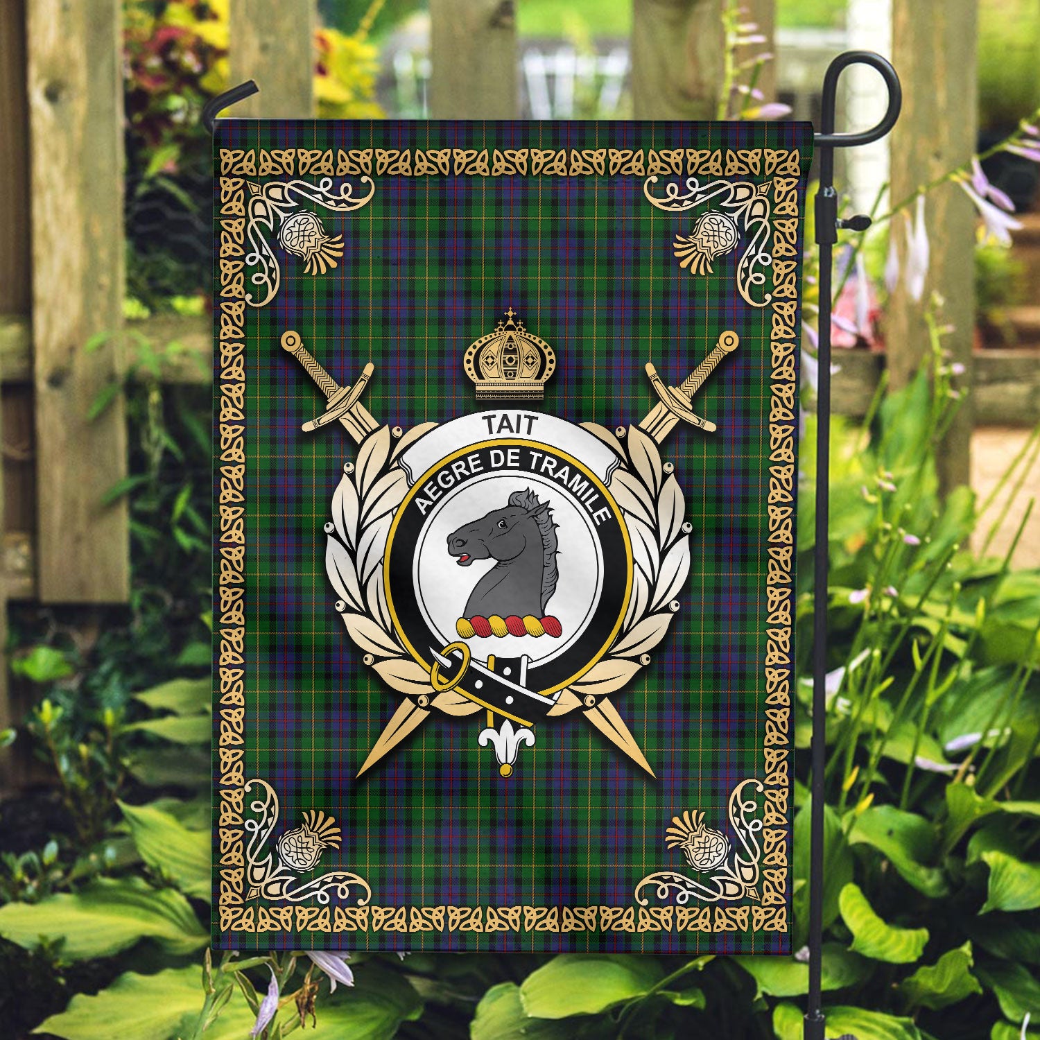 Tait Tartan Crest Garden Flag - Celtic Thistle Style