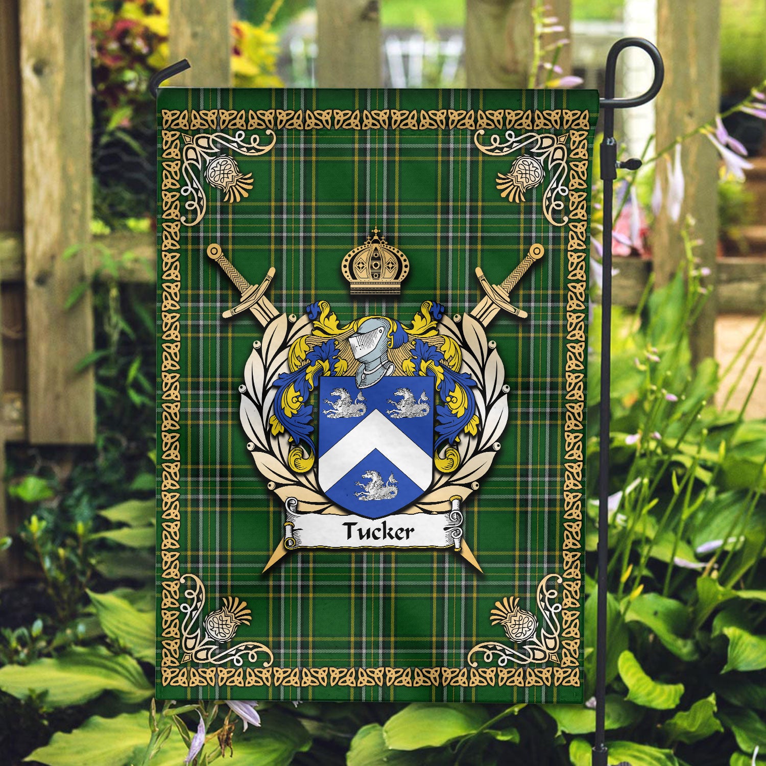 Tucker Tartan Crest Garden Flag - Celtic Thistle Style