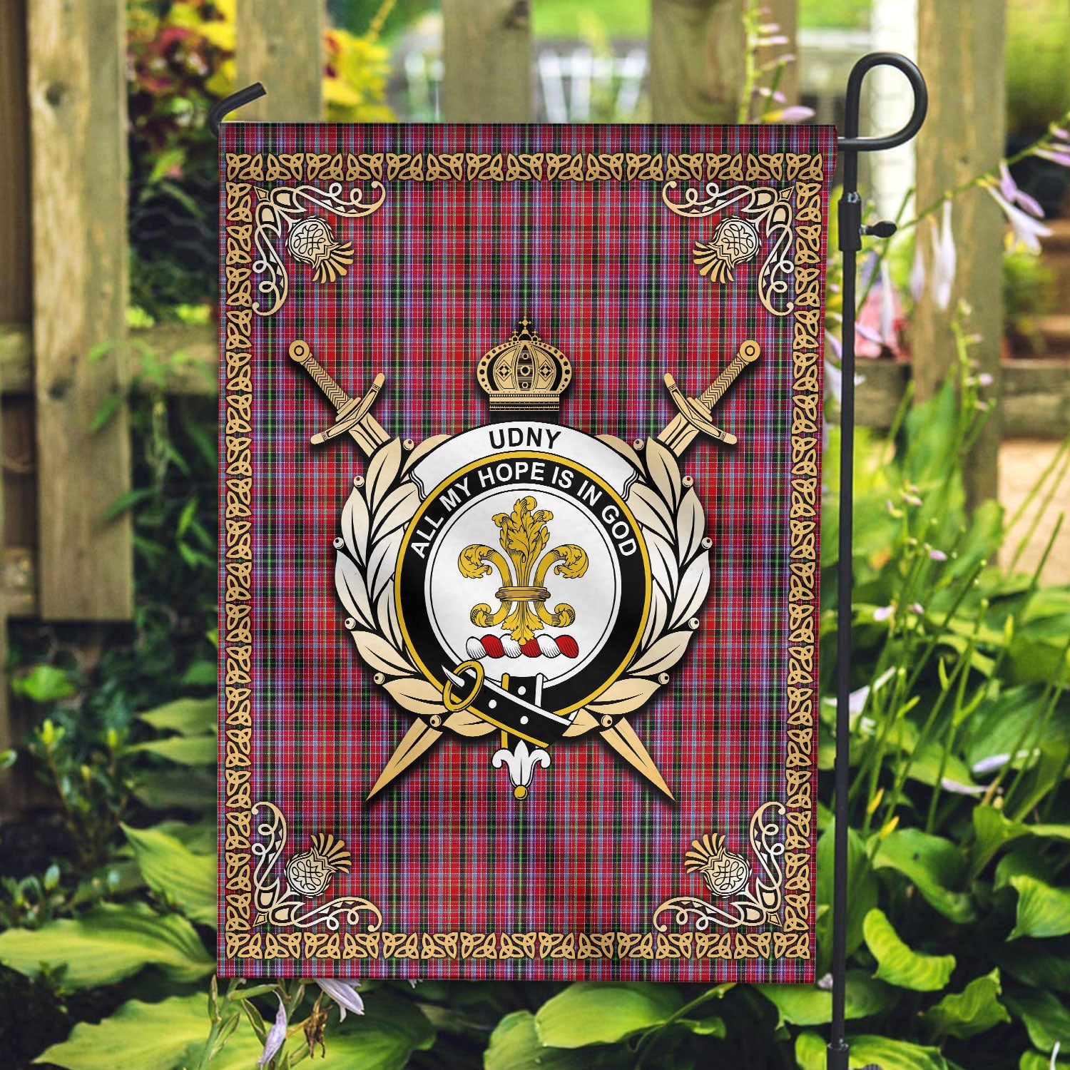 Udny Tartan Crest Garden Flag - Celtic Thistle Style