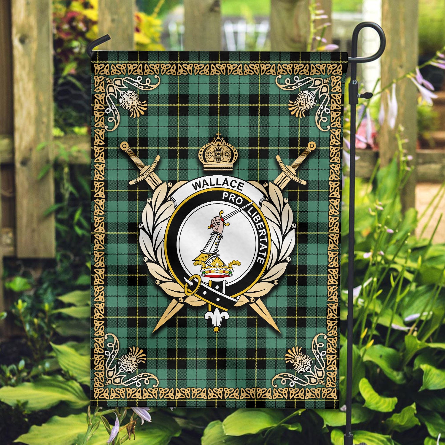 Wallace Hunting Ancient Tartan Crest Garden Flag - Celtic Thistle Style