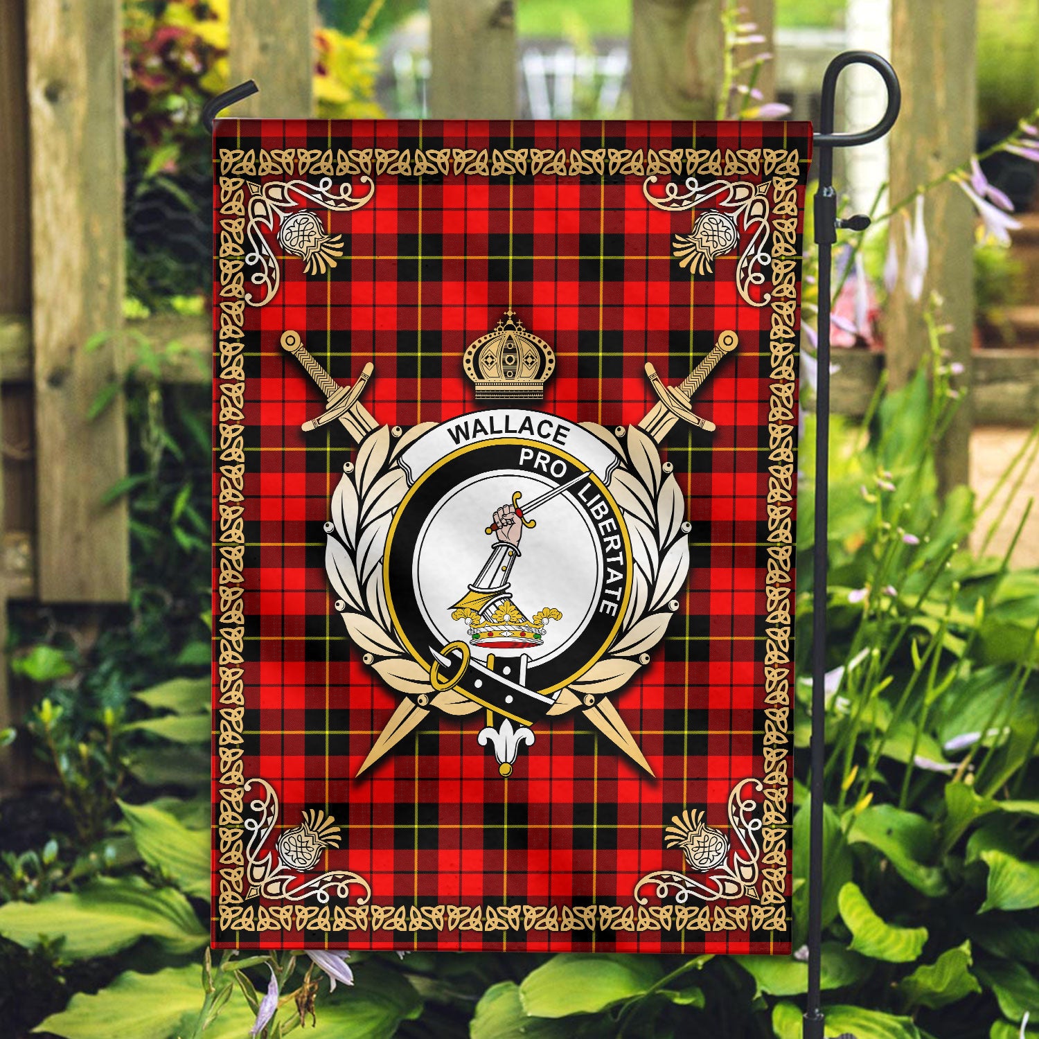 Wallace Hunting Red Tartan Crest Garden Flag - Celtic Thistle Style