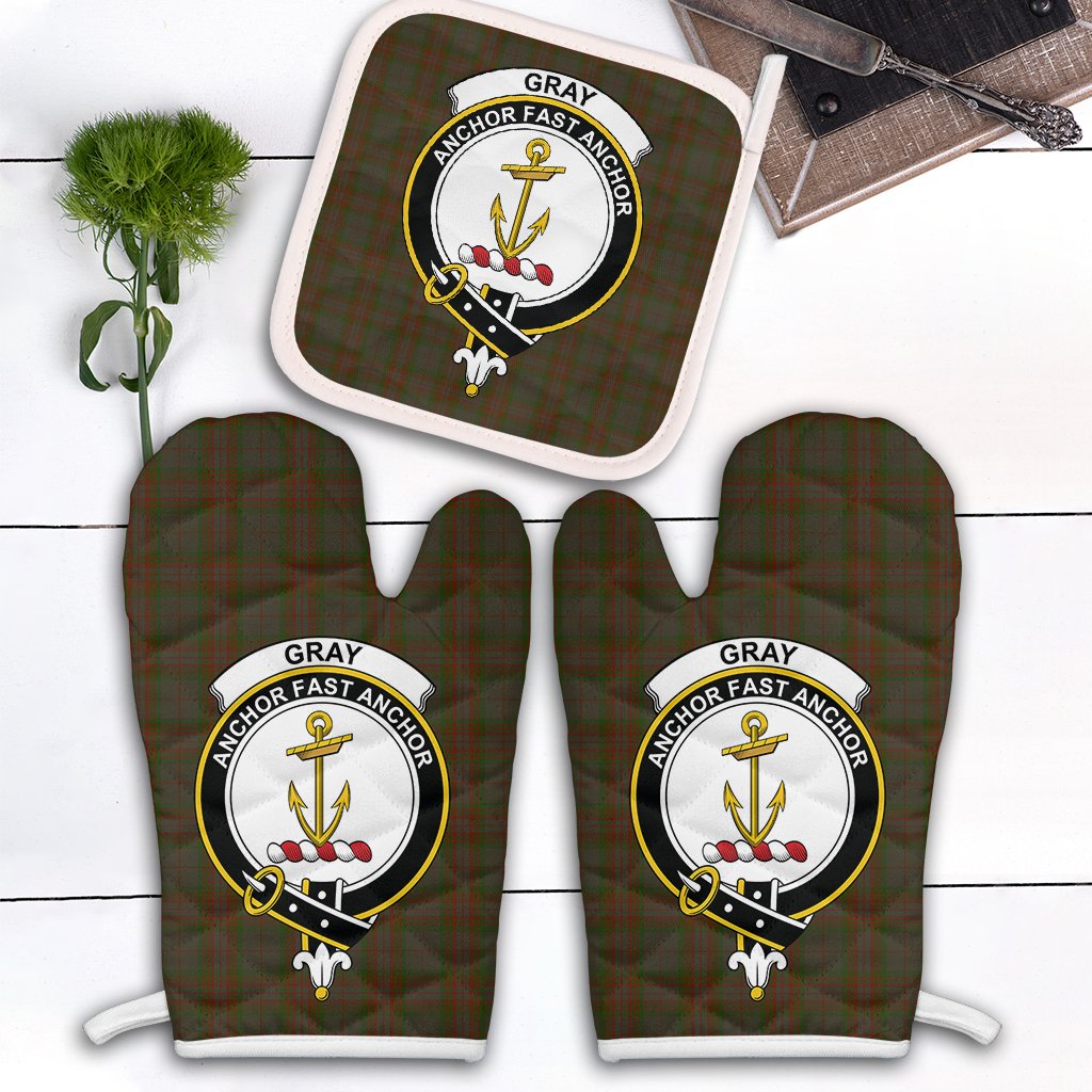 Gray Tartan Crest Oven Mitt And Pot Holder (2 Oven Mitts + 1 Pot Holder)