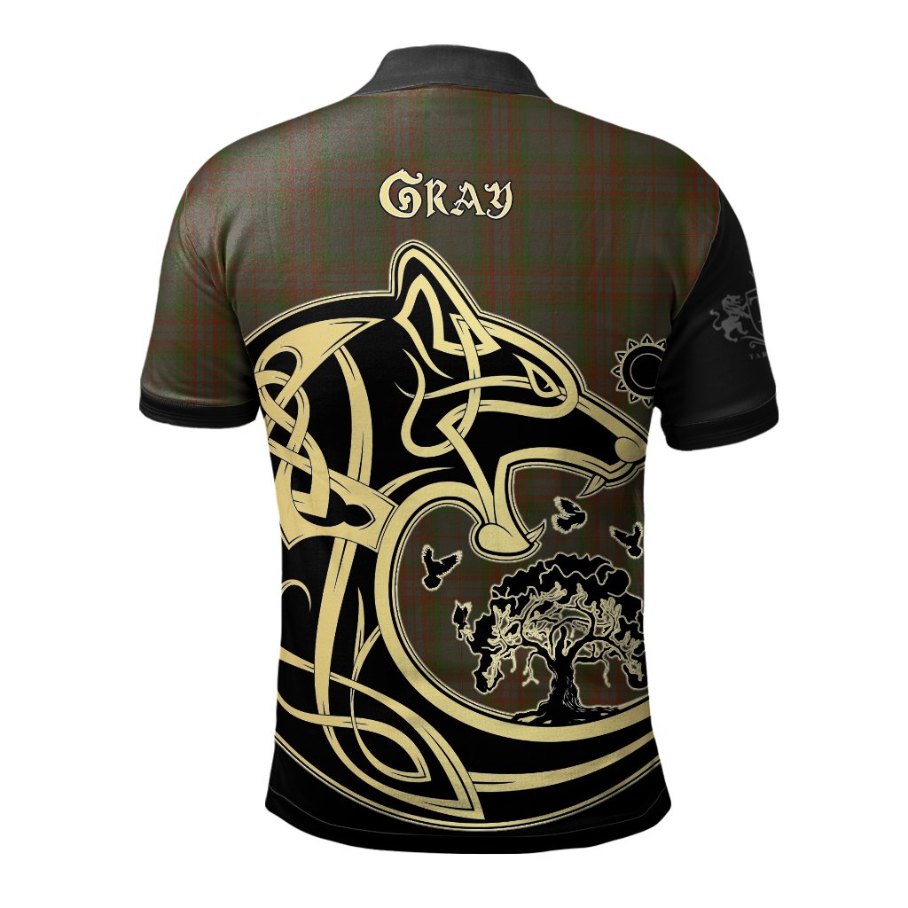 Gray Tartan Polo Shirt Viking Wolf