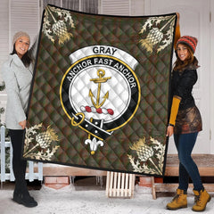 Gray Tartan Crest Premium Quilt - Gold Thistle Style