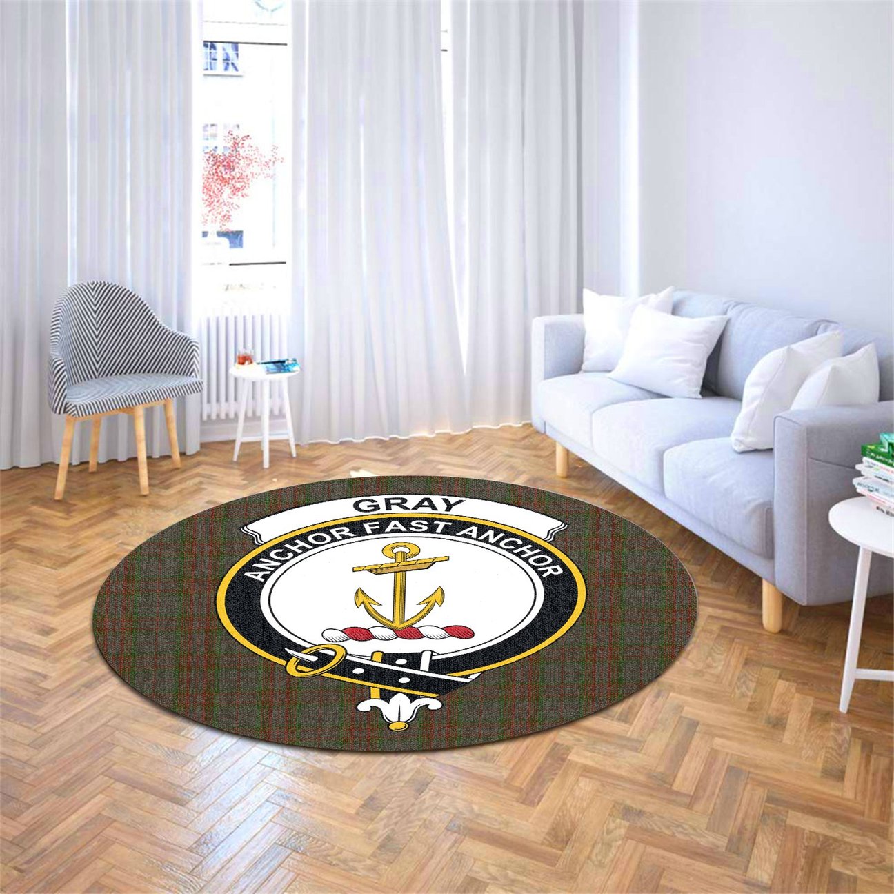 Gray Tartan Crest Round Rug