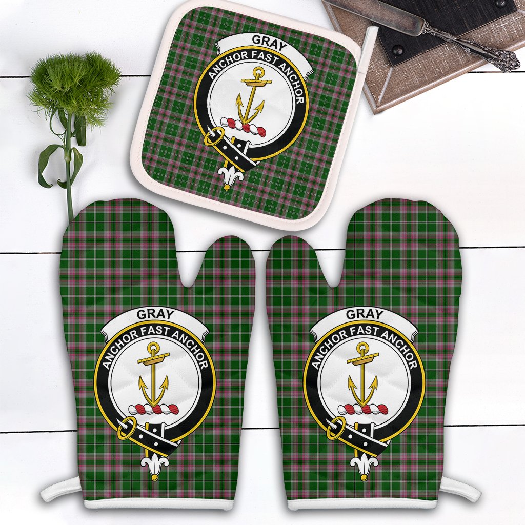 Gray Hunting Tartan Crest Oven Mitt And Pot Holder (2 Oven Mitts + 1 Pot Holder)