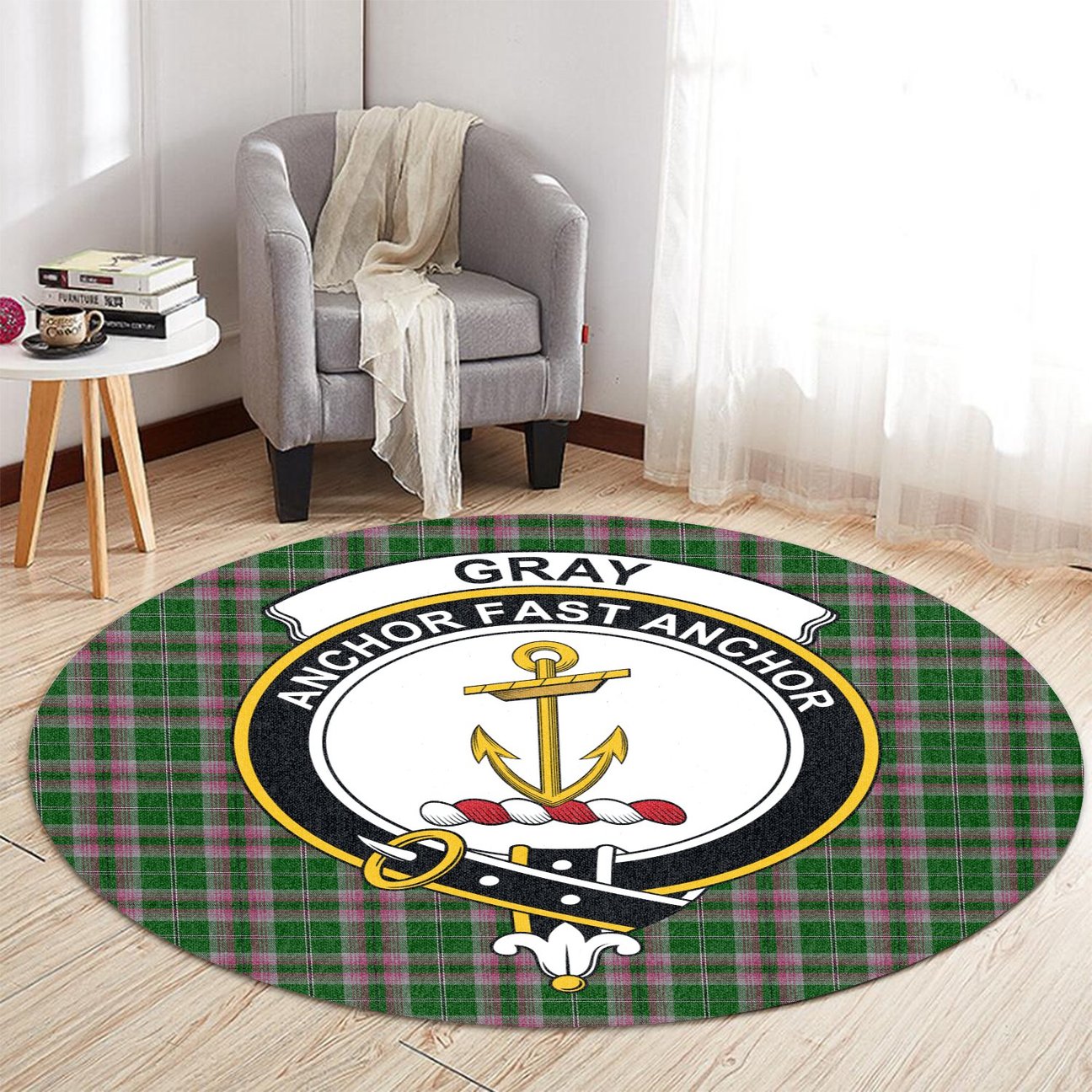 Gray Hunting Tartan Crest Round Rug