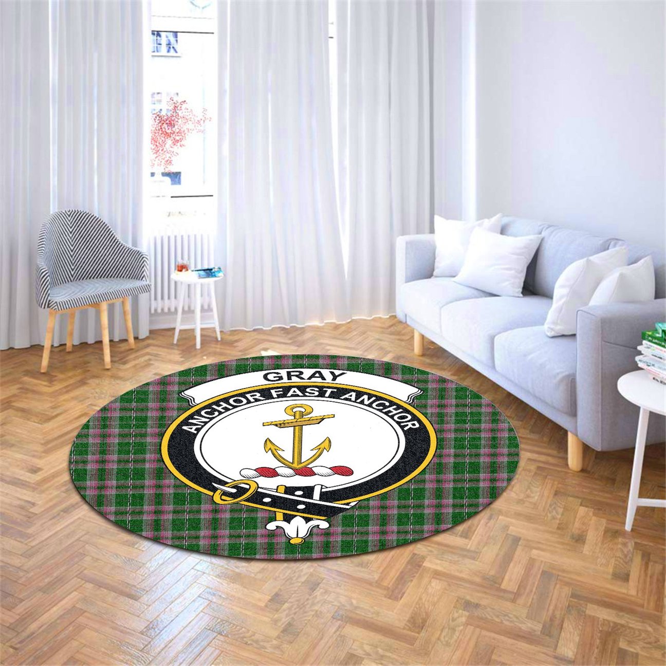 Gray Hunting Tartan Crest Round Rug