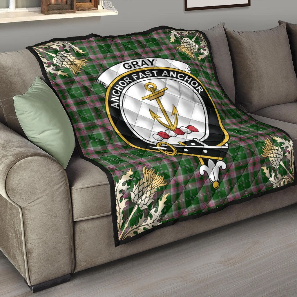 Gray Hunting Tartan Crest Premium Quilt - Gold Thistle Style