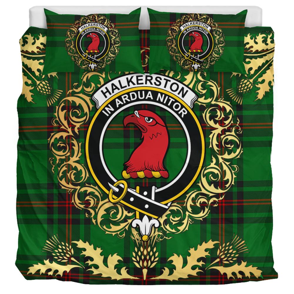 Halkerston Tartan Crest Bedding Set - Golden Thistle Style