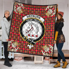 Hepburn Tartan Crest Premium Quilt - Gold Thistle Style