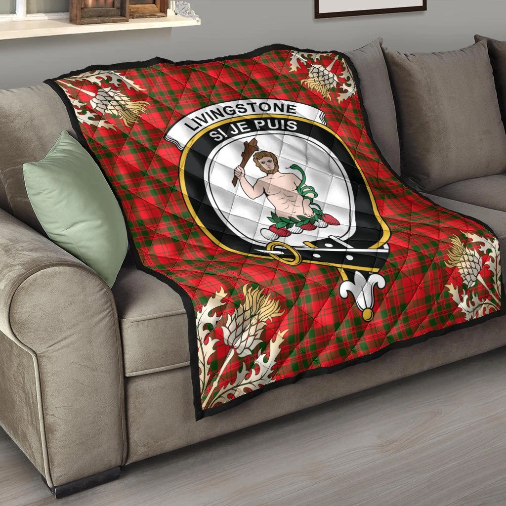 Livingstone Modern Tartan Crest Premium Quilt - Gold Thistle Style