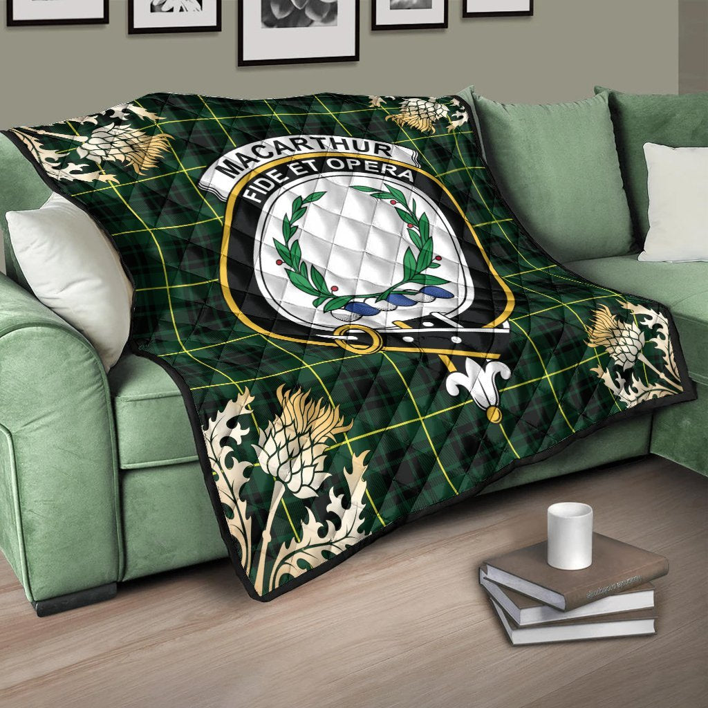 MacArthur Modern Tartan Crest Premium Quilt - Gold Thistle Style