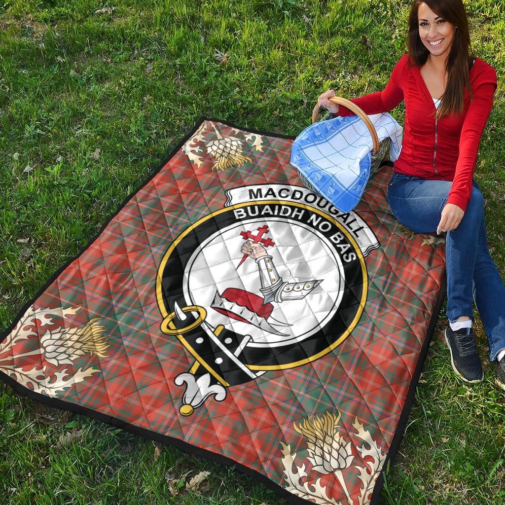 MacDougall Ancient Tartan Crest Premium Quilt - Gold Thistle Style