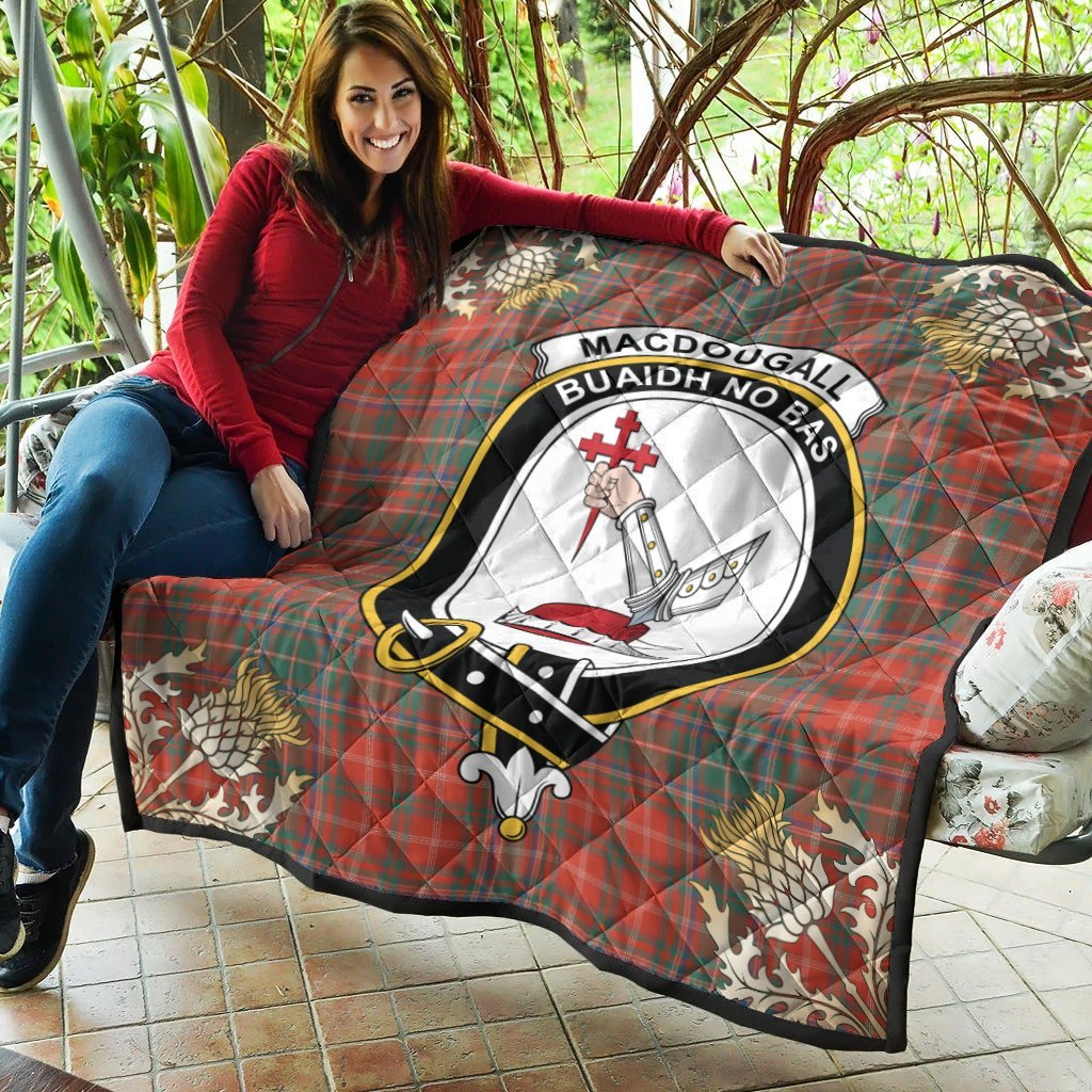 MacDougall Ancient Tartan Crest Premium Quilt - Gold Thistle Style