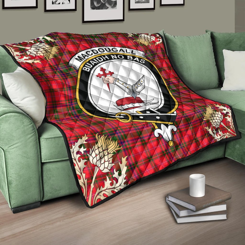 MacDougall Modern Tartan Crest Premium Quilt - Gold Thistle Style