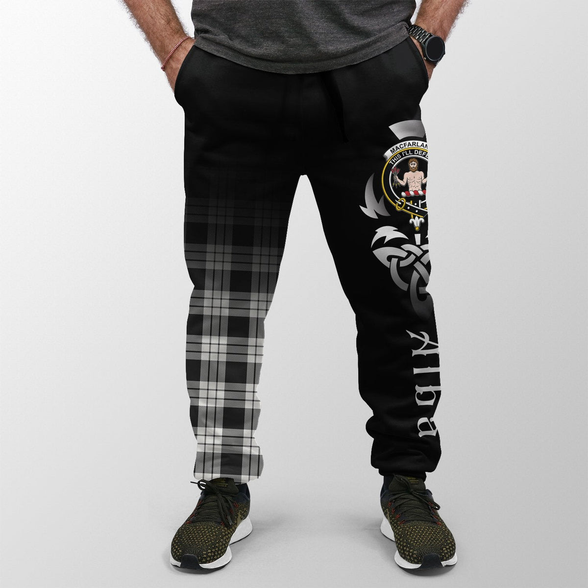 MacFarlane Black & White Ancient Tartan Crest Jogger Sweatpants - Alba Celtic Style