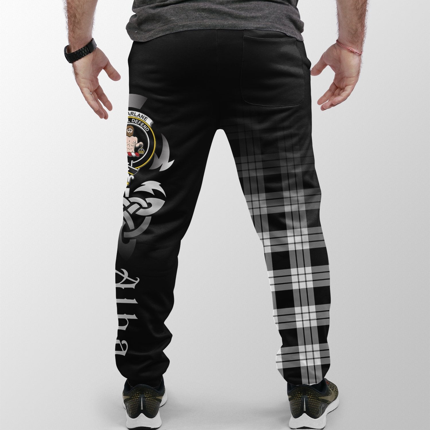 MacFarlane Black & White Tartan Crest Jogger Sweatpants - Alba Celtic Style