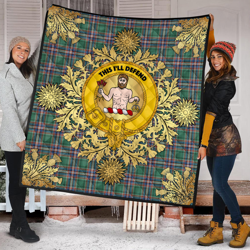 MacFarlane Hunting Ancient Tartan Crest Premium Quilt - Gold Thistle Style