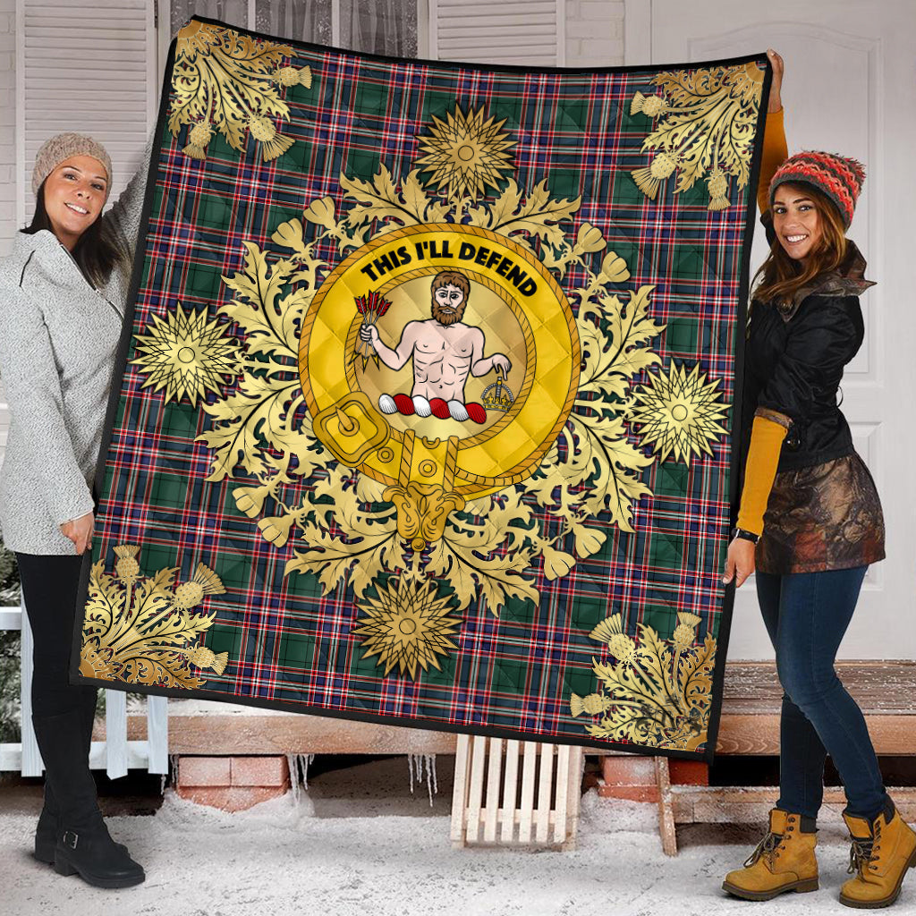 MacFarlane Hunting Modern Tartan Crest Premium Quilt - Gold Thistle Style