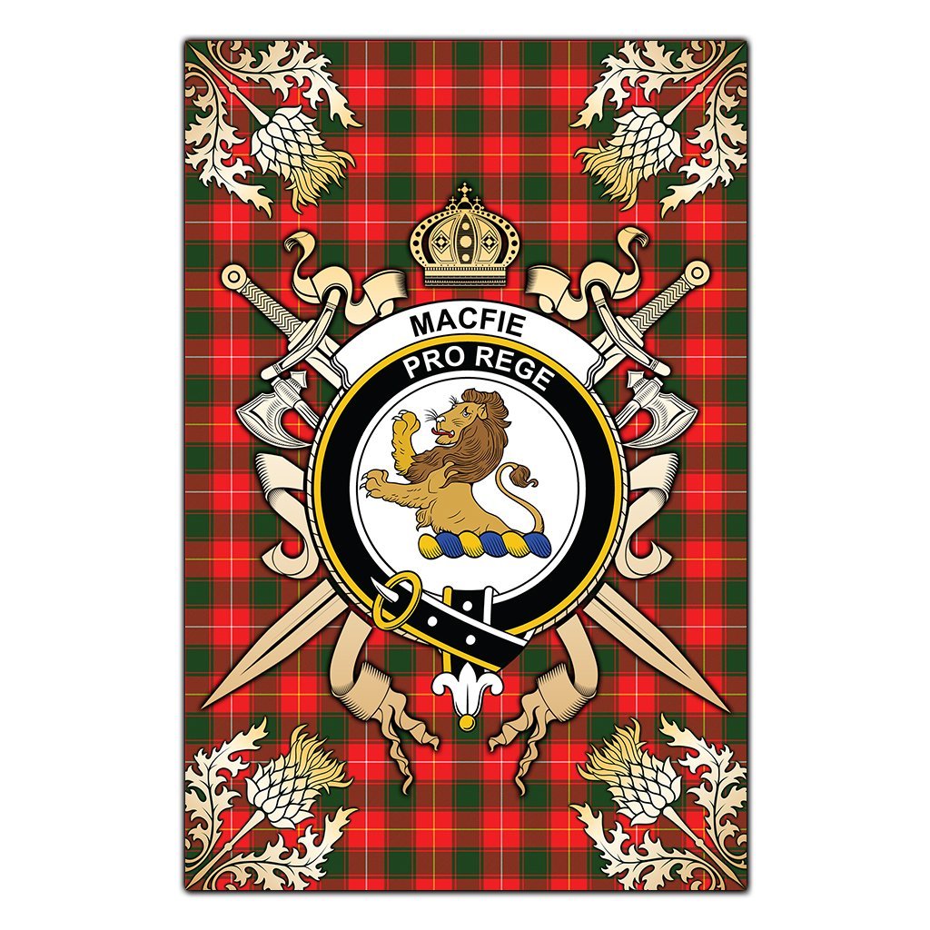 MacFie Tartan Crest Black Garden Flag - Gold Thistle Style