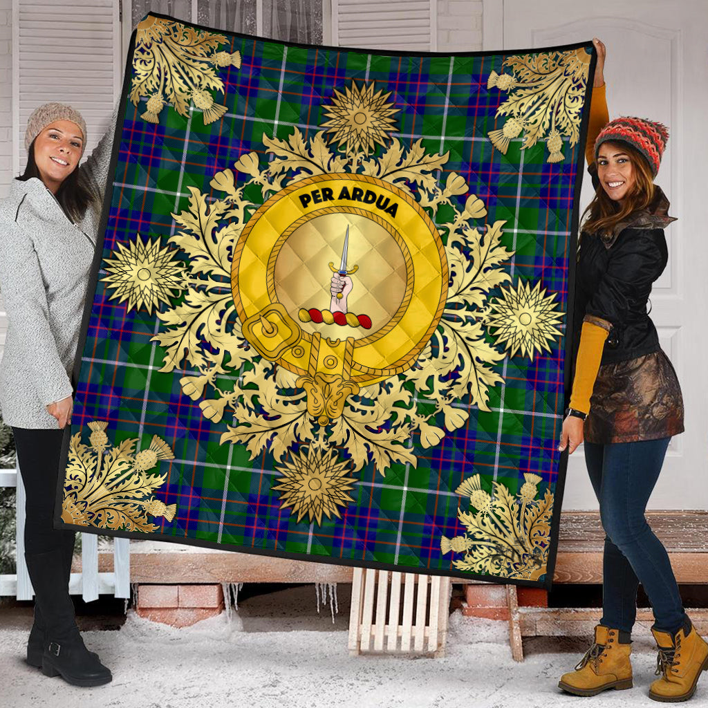 MacIntyre Hunting Modern Tartan Crest Premium Quilt - Gold Thistle Style