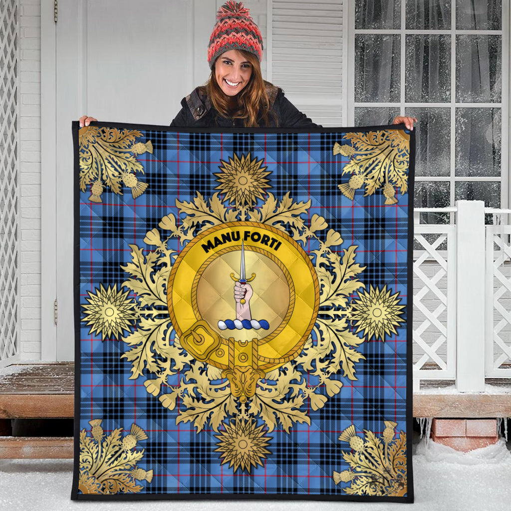 MacKay Blue Tartan Crest Premium Quilt - Gold Thistle Style