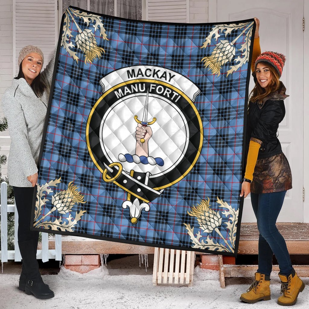 MacKay Blue Tartan Crest Premium Quilt - Gold Thistle Style