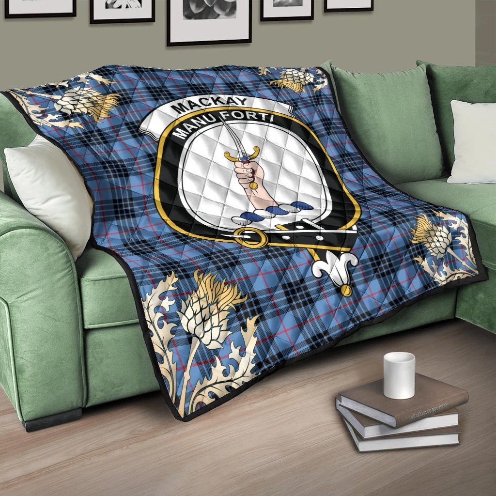 MacKay Blue Tartan Crest Premium Quilt - Gold Thistle Style