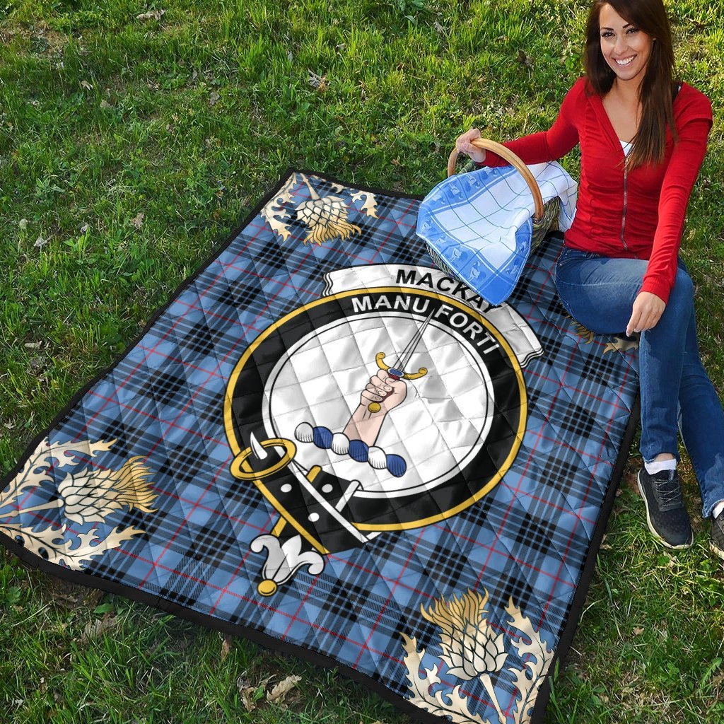 MacKay Blue Tartan Crest Premium Quilt - Gold Thistle Style