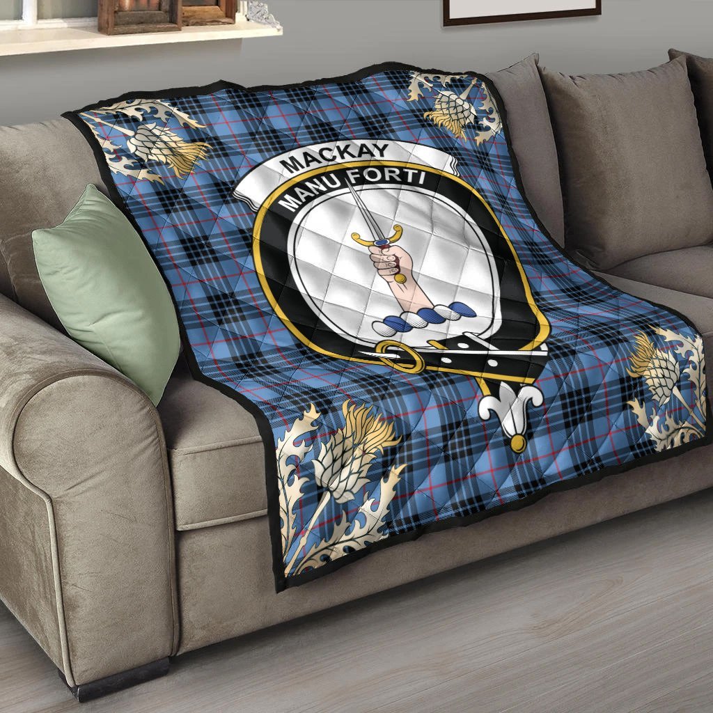 MacKay Blue Tartan Crest Premium Quilt - Gold Thistle Style