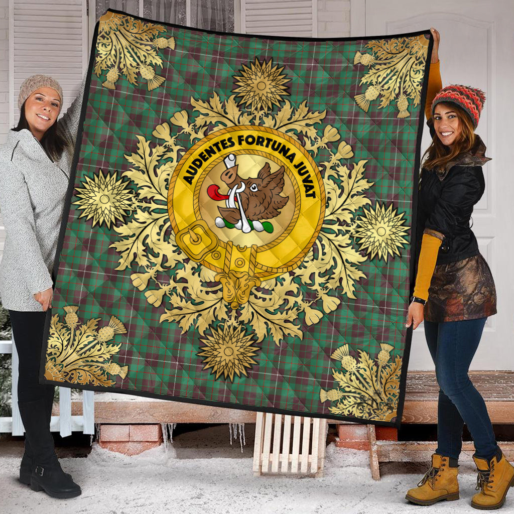 MacKinnon Hunting Ancient Tartan Crest Premium Quilt - Gold Thistle Style