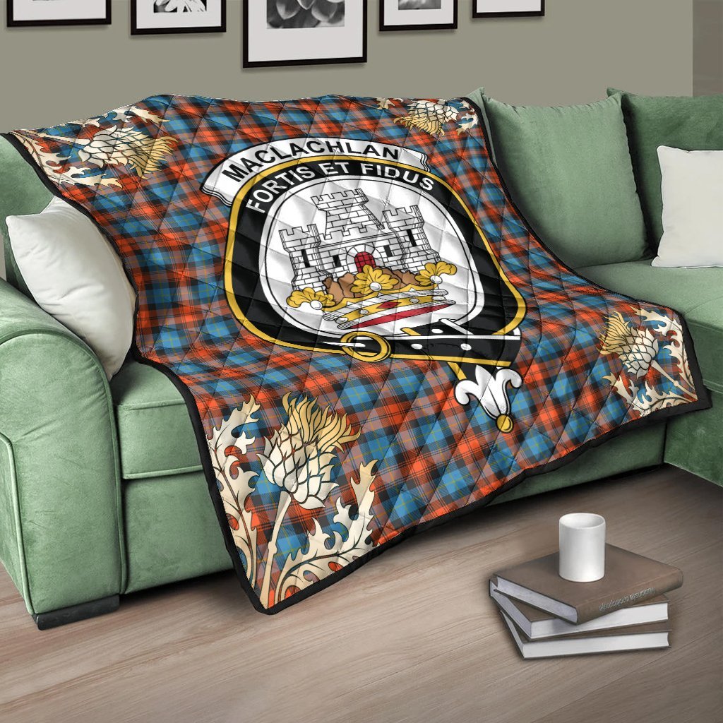 MacLachlan Ancient Tartan Crest Premium Quilt - Gold Thistle Style