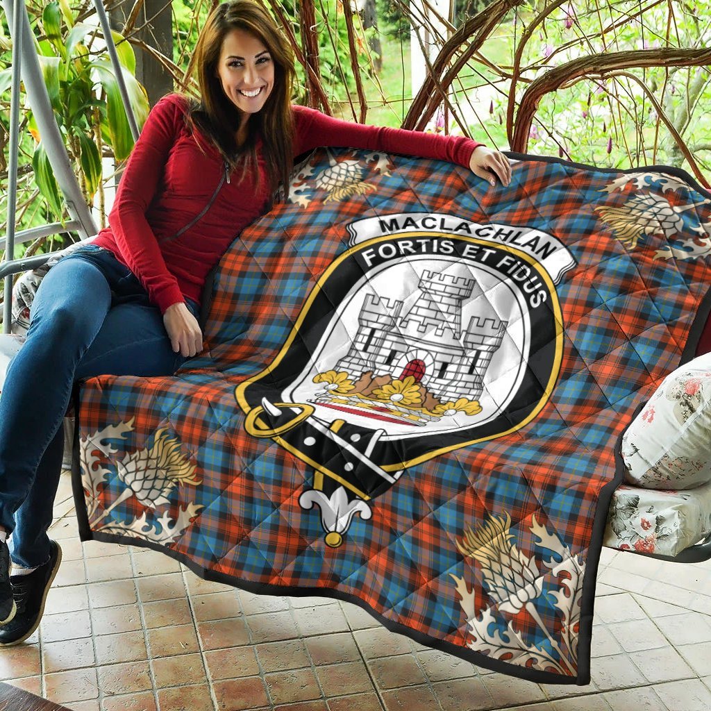 MacLachlan Ancient Tartan Crest Premium Quilt - Gold Thistle Style