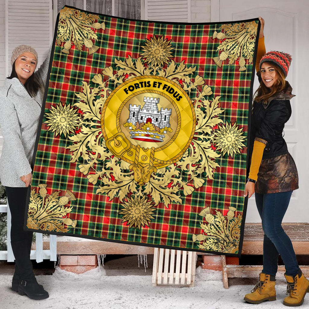 MacLachlan Hunting Modern Tartan Crest Premium Quilt - Gold Thistle Style